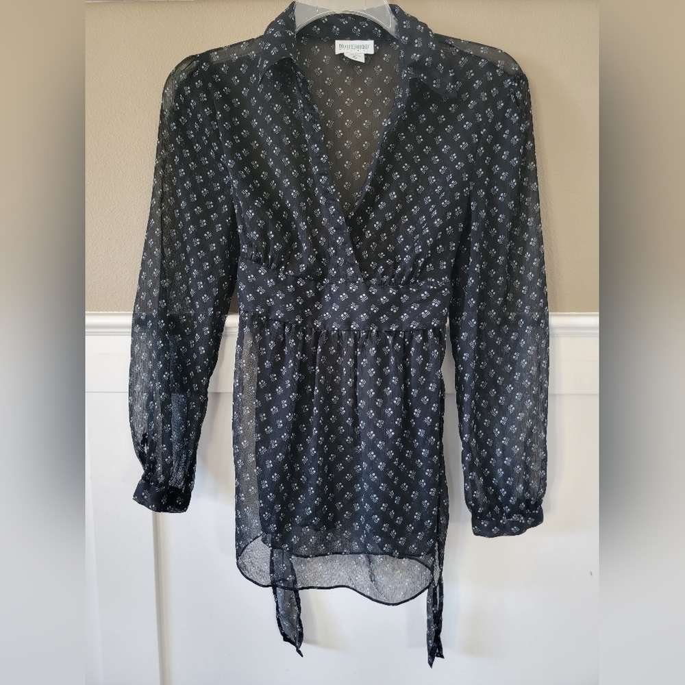 Motherhood‎ Maternity Sheer Black Tie Waist Blouse, Size M Medium